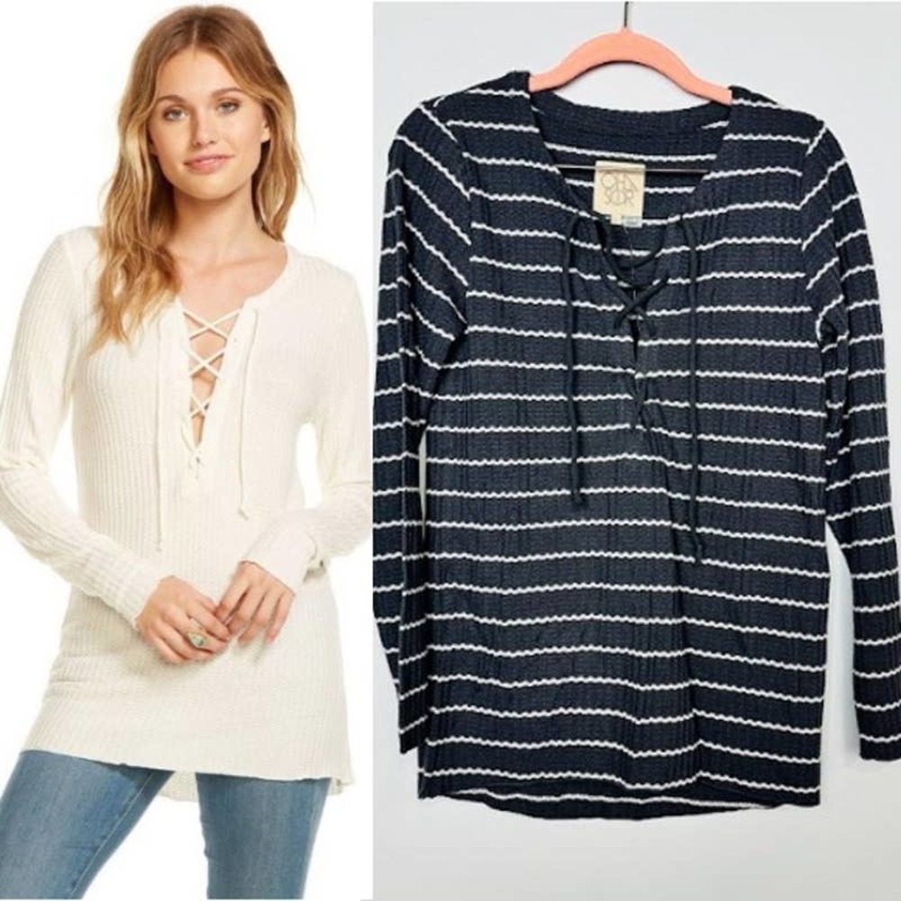 Chaser NWT Stripes Long Sleeve Lace Up Thermal Top Black Size Medium
